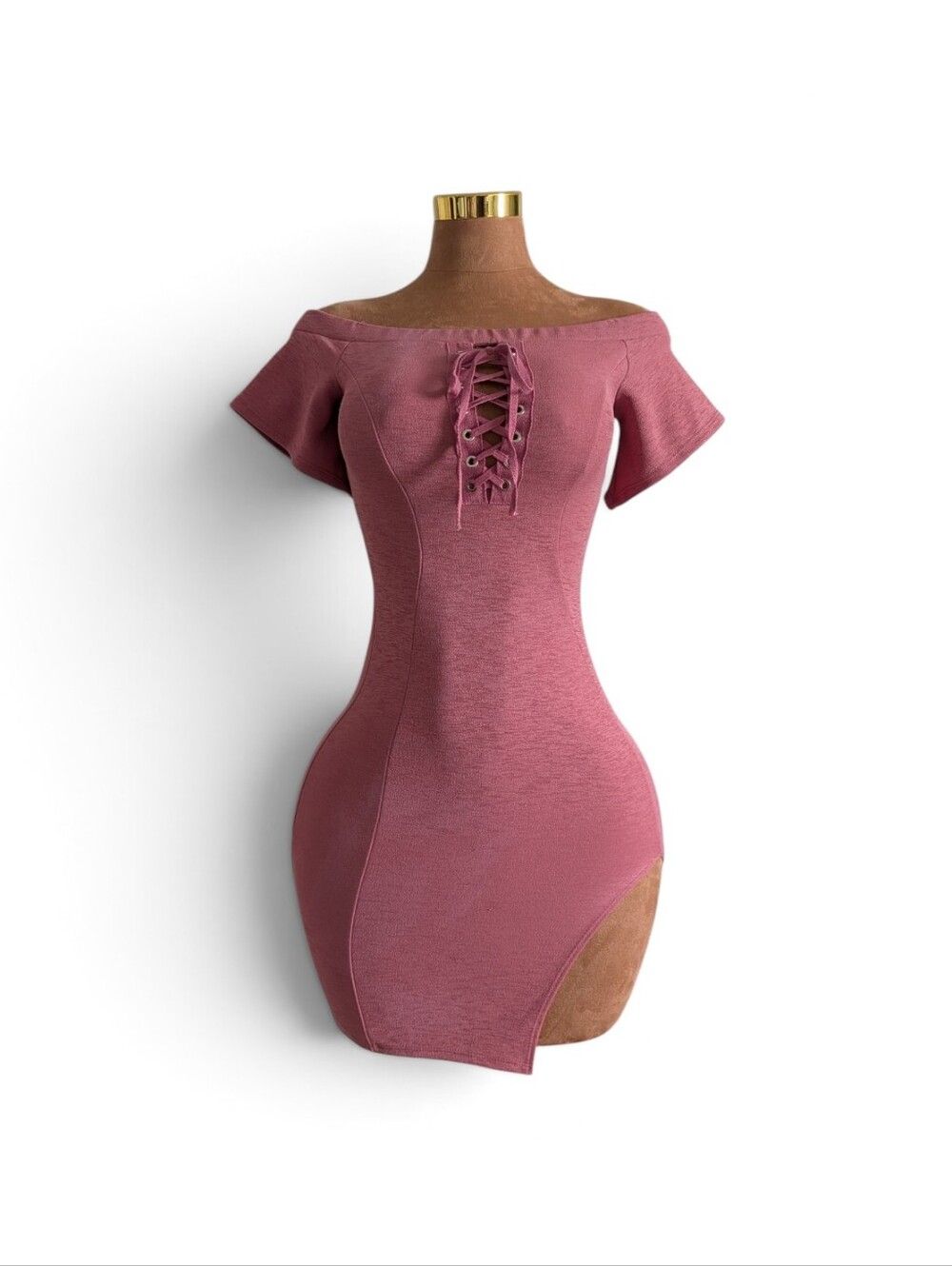 Olive Tree Pink Off-Shoulder Lace-Up Slit Dress